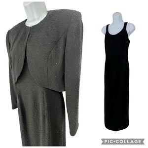 Vintage Karen Lawrence Black Beaded Sleeveless Dress & Bolero Jacket Set Small